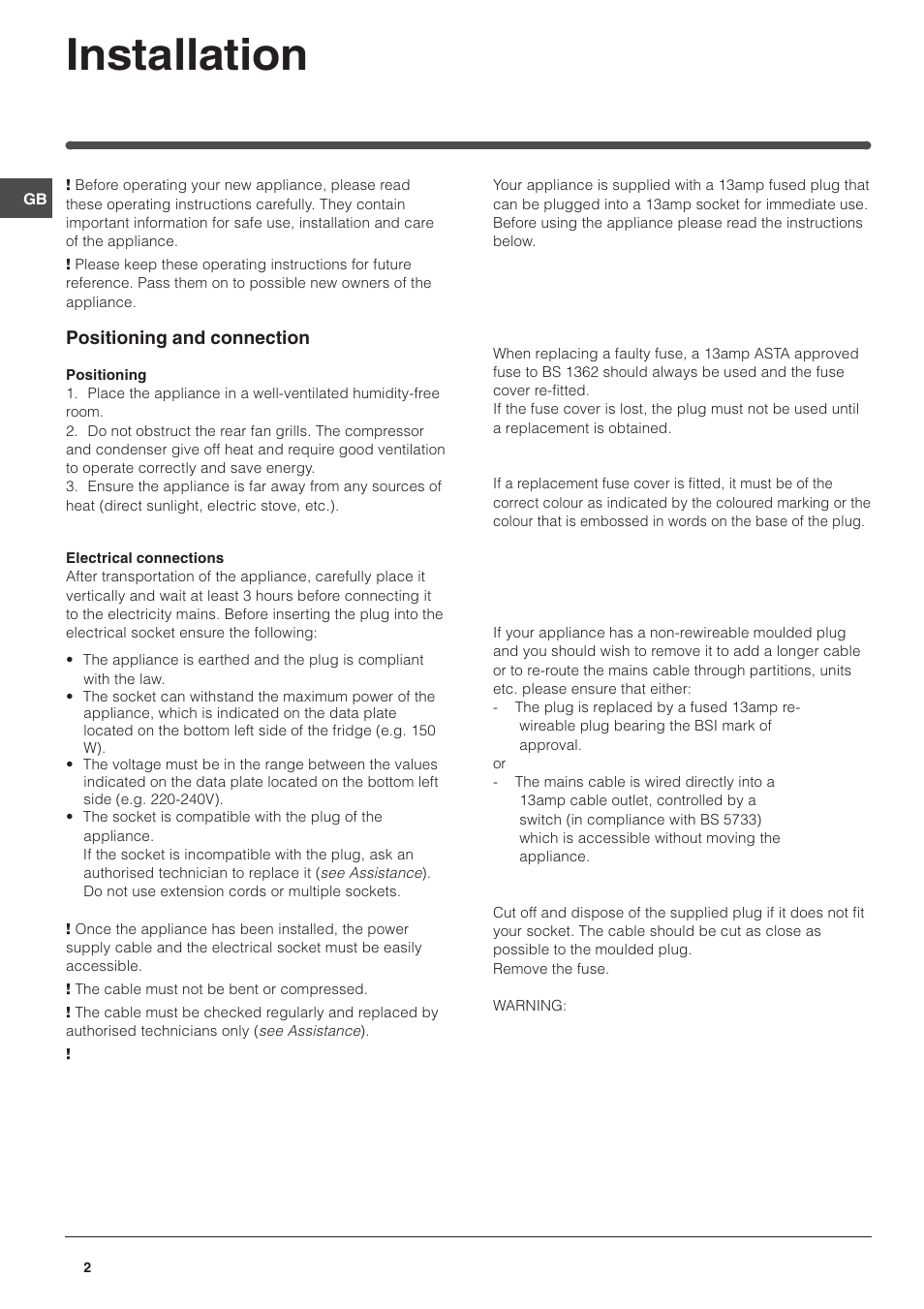 Installation | Hotpoint RTM 70 S User Manual | Page 2 / 12
