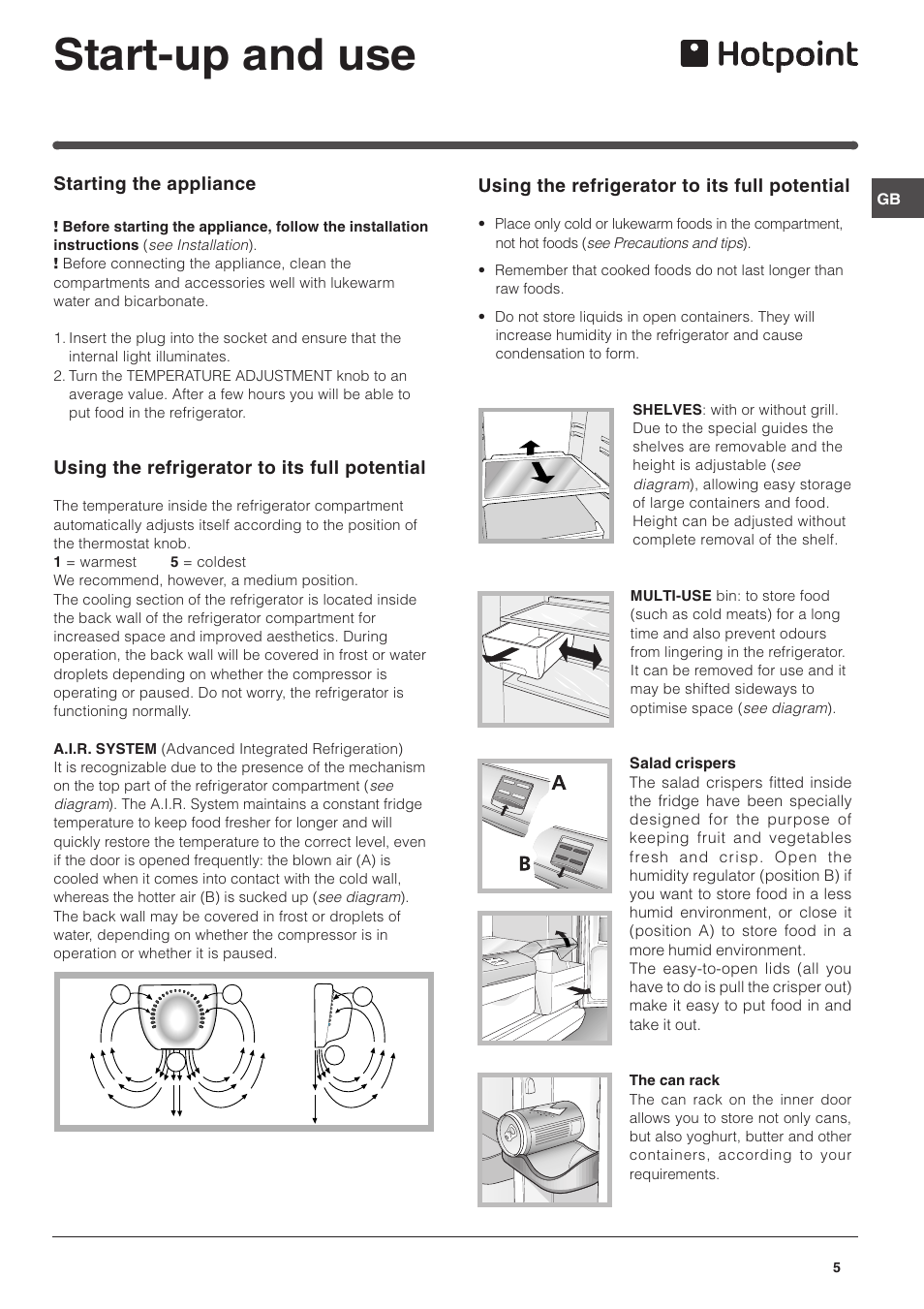 Start-up and use | Hotpoint RTM 70 S User Manual | Page 5 / 12