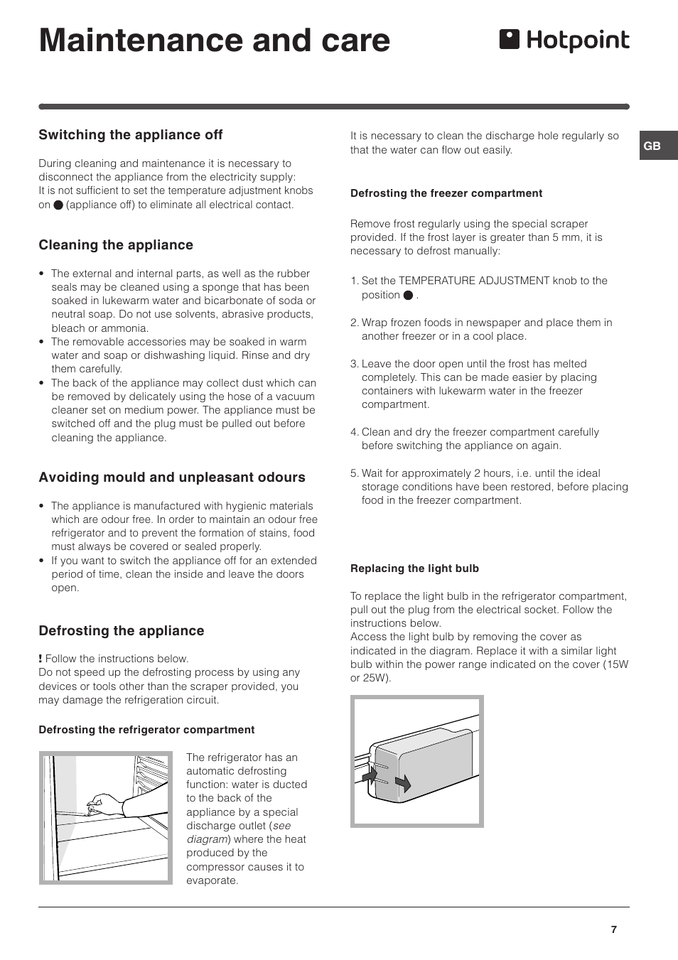 Maintenance and care | Hotpoint RTM 70 S User Manual | Page 7 / 12