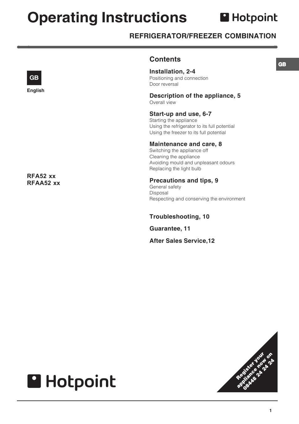 Hotpoint REFRIGERATOR/FREEZER COMBINATION RFA52 User Manual | 12 pages
