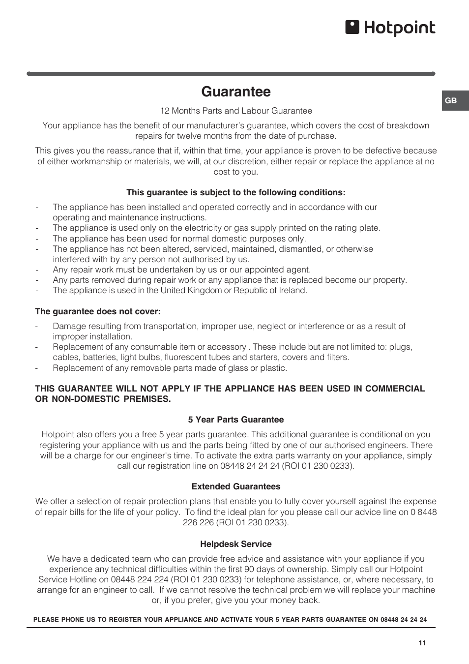 Guarantee | Hotpoint REFRIGERATOR/FREEZER COMBINATION RFA52 User Manual | Page 11 / 12