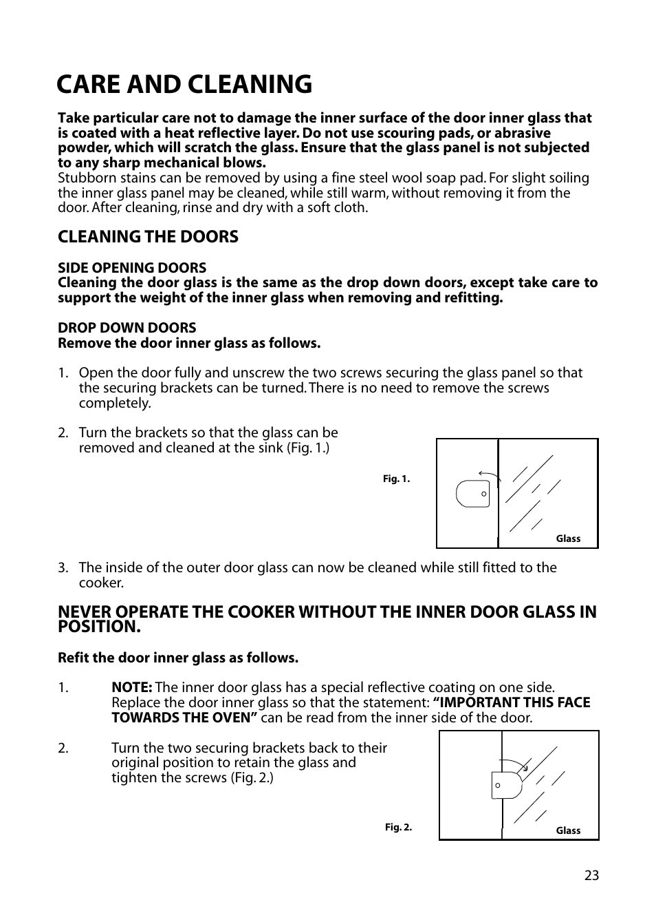 Care and cleaning, Cleaning the doors | Hotpoint EG53 User Manual | Page 23 / 32