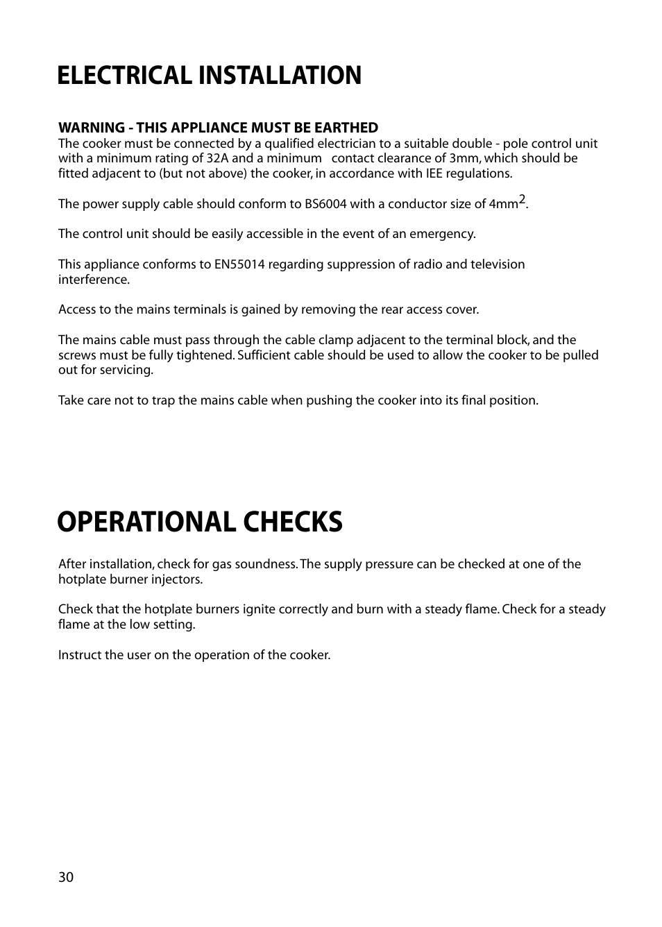 Operational checks, Electrical installation | Hotpoint EG53 User Manual | Page 30 / 32