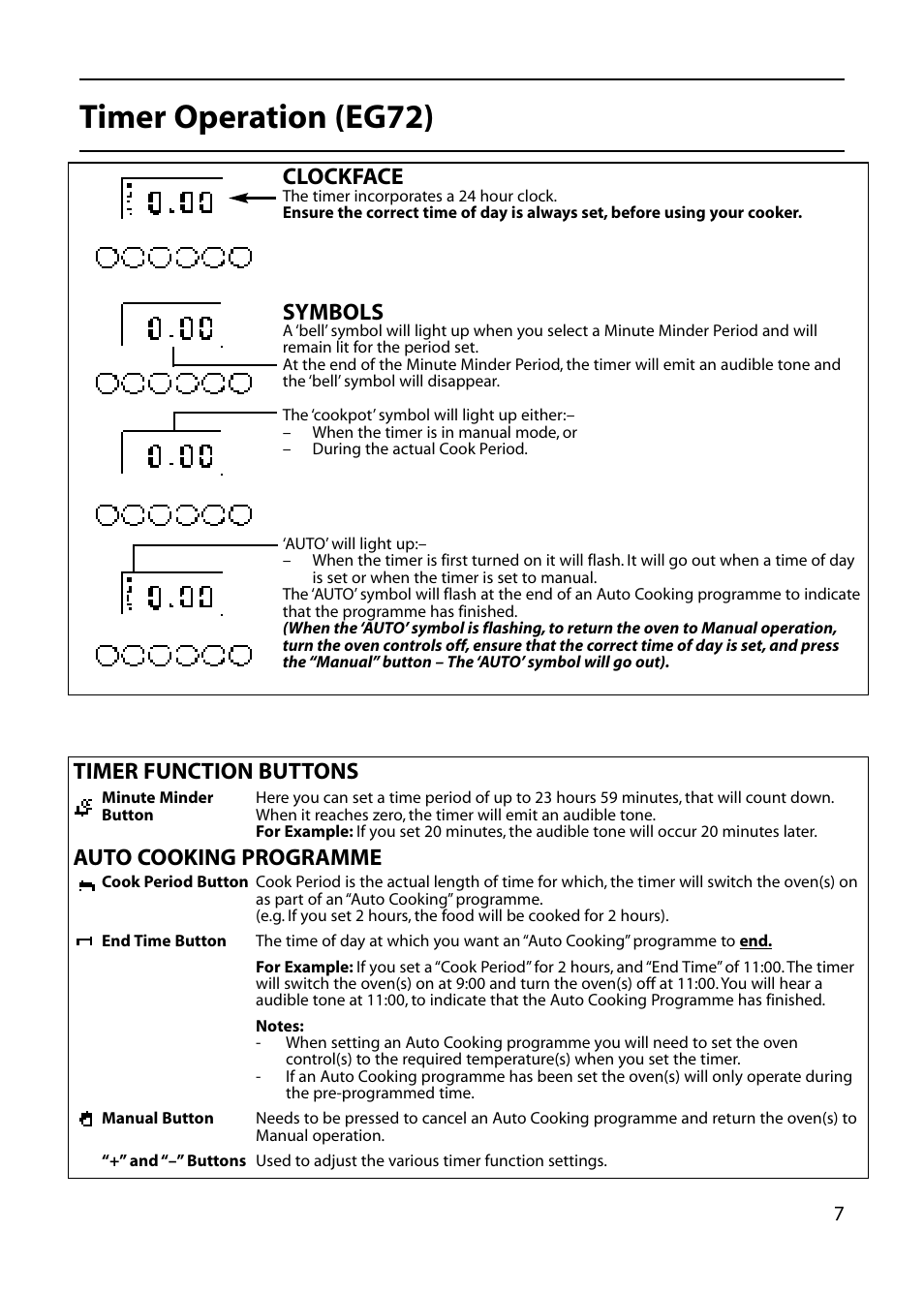 Timer operation (eg72), Clockface, Symbols | Timer function buttons auto cooking programme | Hotpoint EG53 User Manual | Page 7 / 32