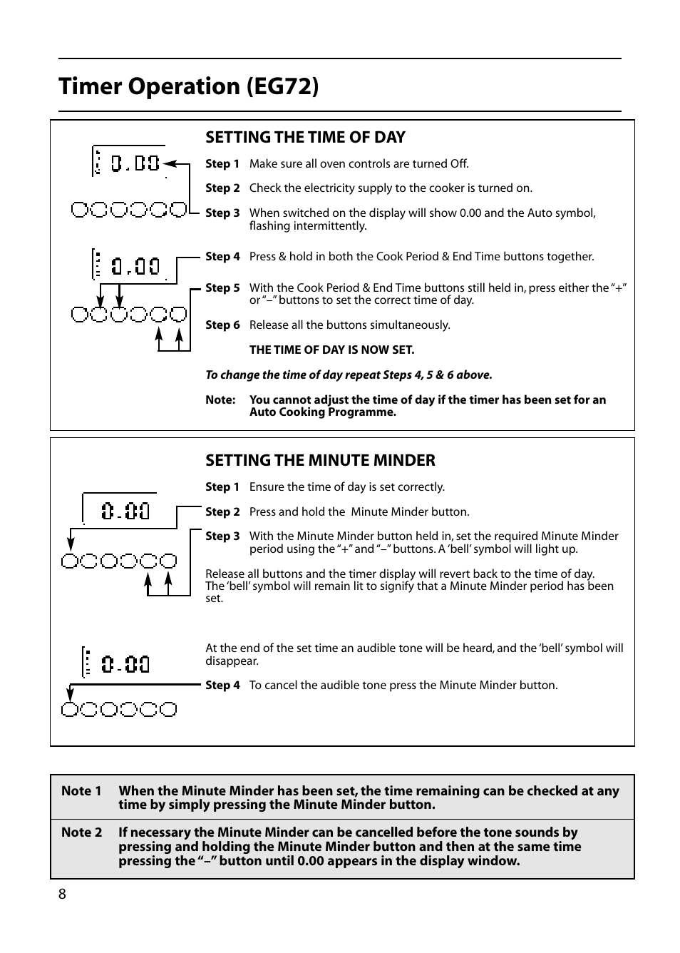 Timer operation (eg72), Setting the time of day, Setting the minute minder | Hotpoint EG53 User Manual | Page 8 / 32