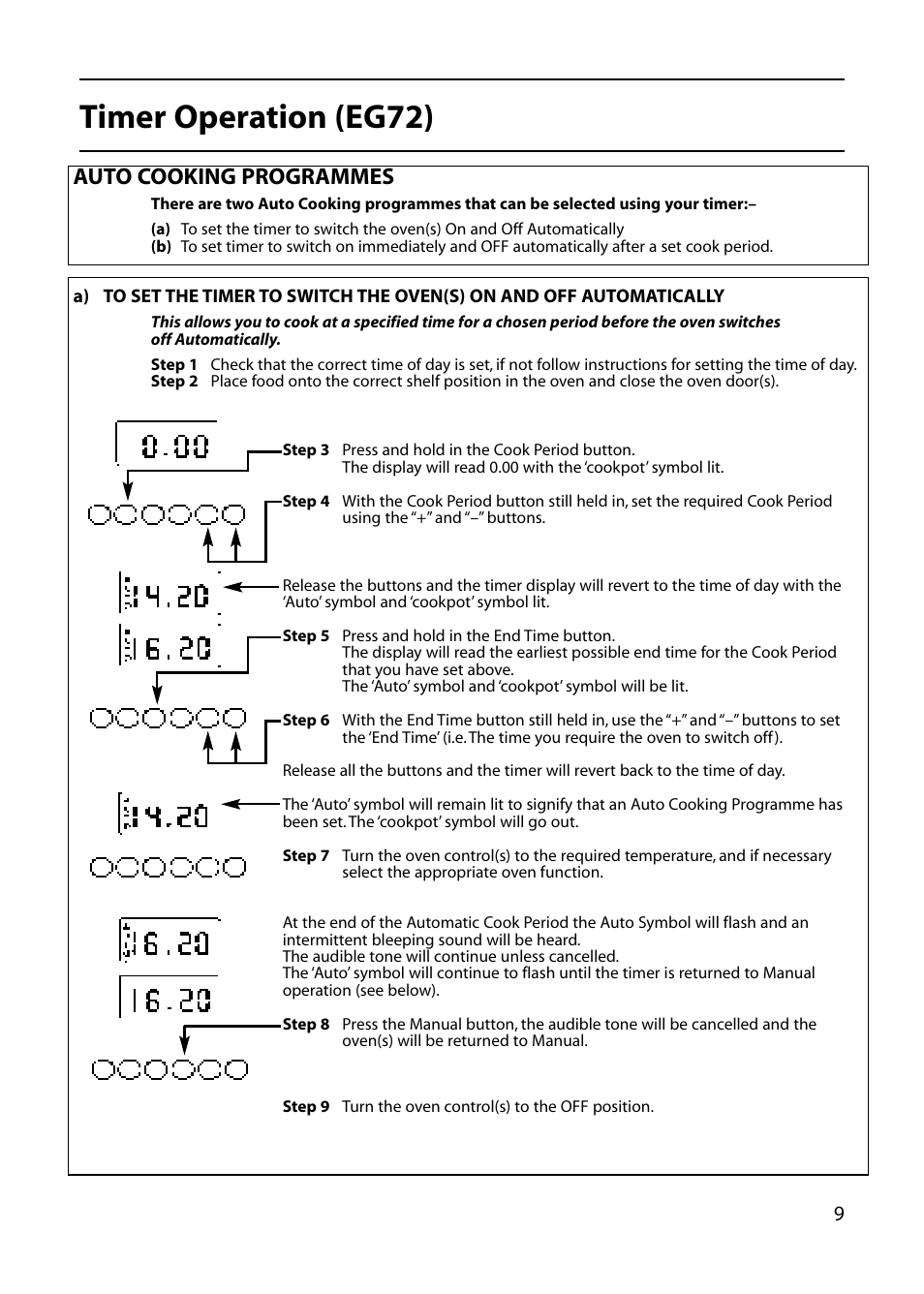 Timer operation (eg72), Auto cooking programmes | Hotpoint EG53 User Manual | Page 9 / 32