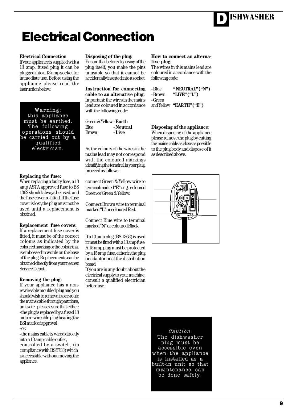 Electrical connection, Ishwasher | Hotpoint D C 27 User Manual | Page 10 / 16