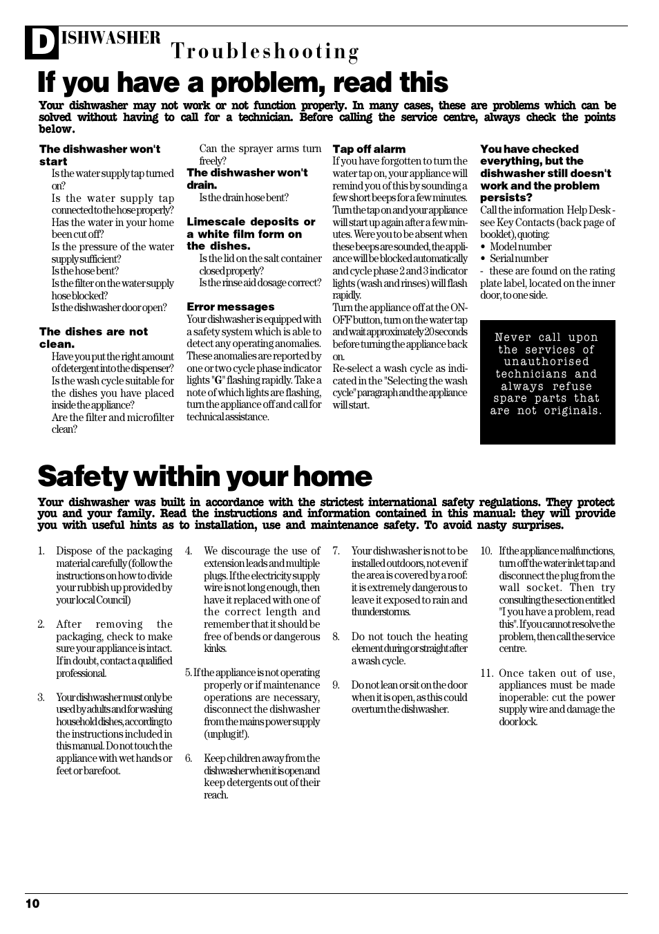 Safety within your home, If you have a problem, read this, Troubleshooting | Ishwasher | Hotpoint D C 27 User Manual | Page 11 / 16