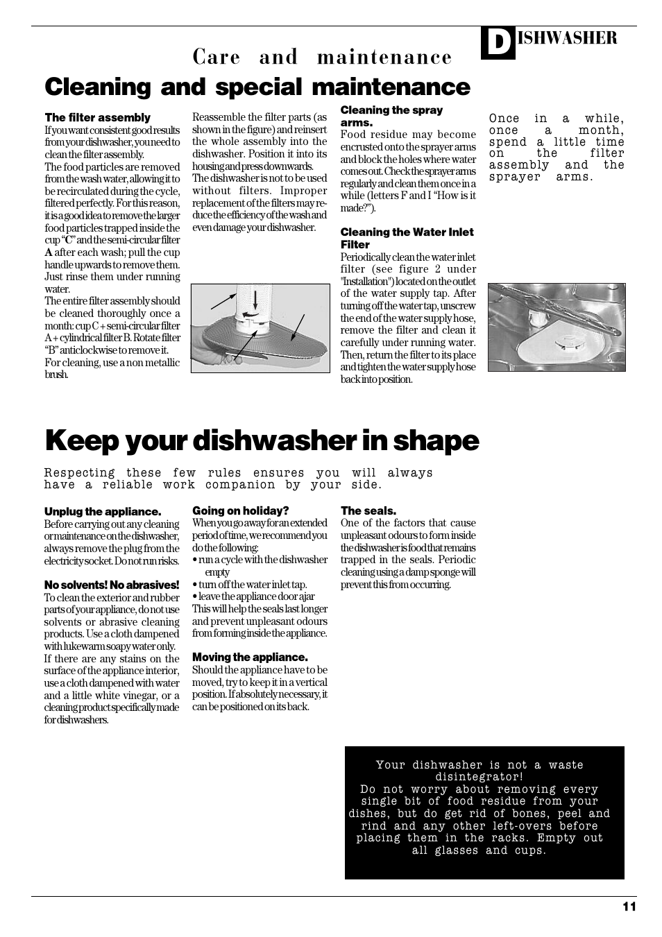 Keep your dishwasher in shape, Cleaning and special maintenance, Care and maintenance | Ishwasher | Hotpoint D C 27 User Manual | Page 12 / 16