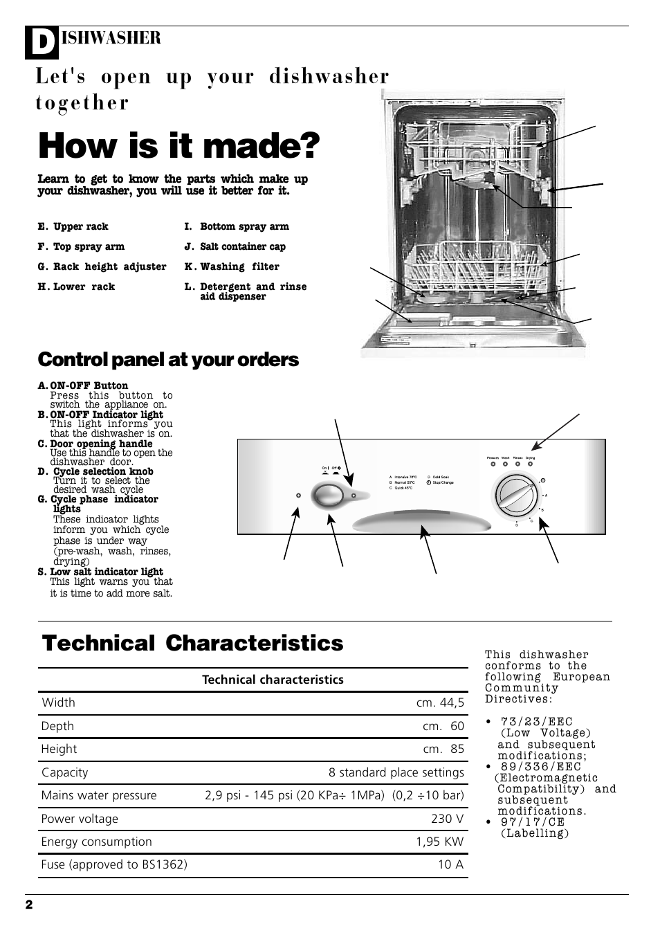 How is it made, Let's open up your dishwasher together, Technical characteristics | Control panel at your orders, Ishwasher | Hotpoint D C 27 User Manual | Page 3 / 16