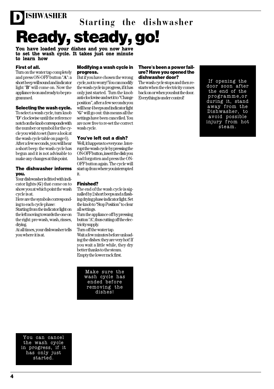 Ready, steady, go, Starting the dishwasher, Ishwasher | Hotpoint D C 27 User Manual | Page 5 / 16