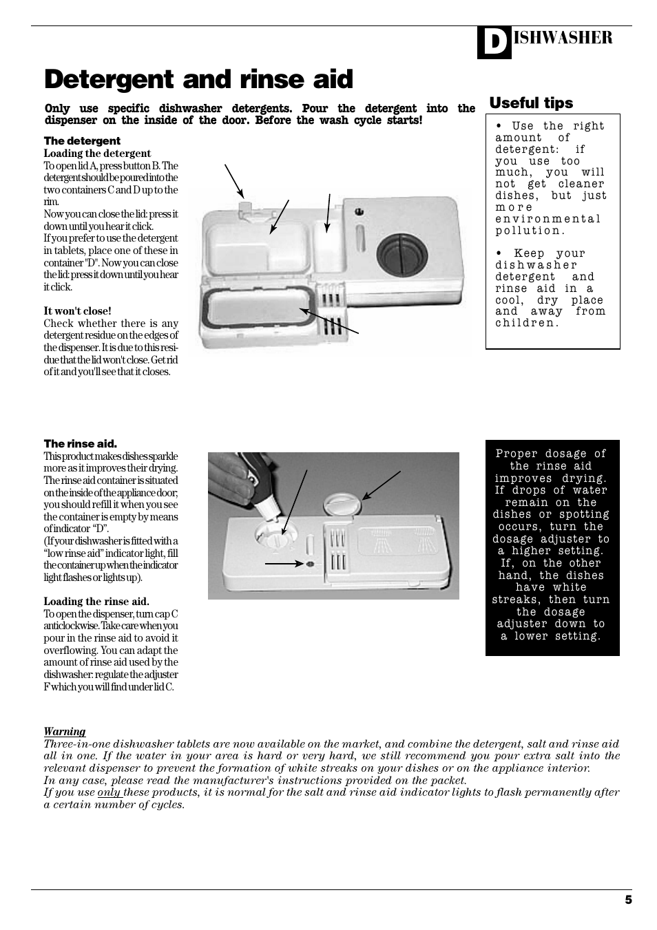 Detergent and rinse aid, Ishwasher, Useful tips | Hotpoint D C 27 User Manual | Page 6 / 16