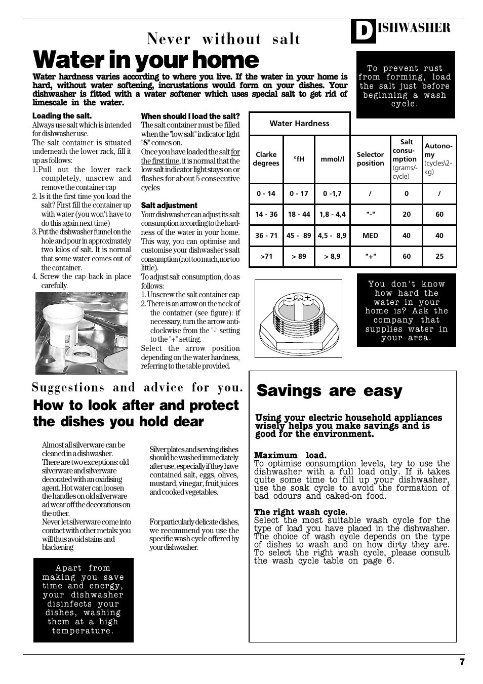 Water in your home, Never without salt, Savings are easy | Ishwasher, Suggestions and advice for you | Hotpoint D C 27 User Manual | Page 8 / 16