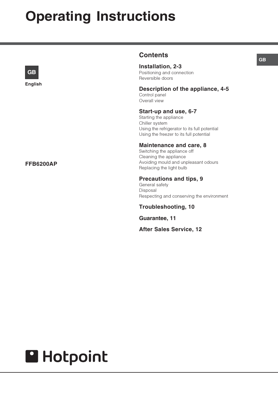 Hotpoint FFB6200AP User Manual | 12 pages