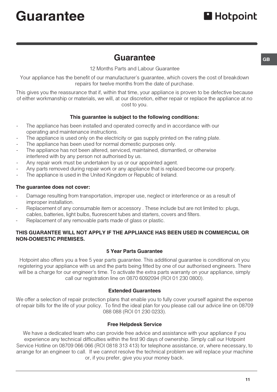 Guarantee | Hotpoint FFB6200AP User Manual | Page 11 / 12
