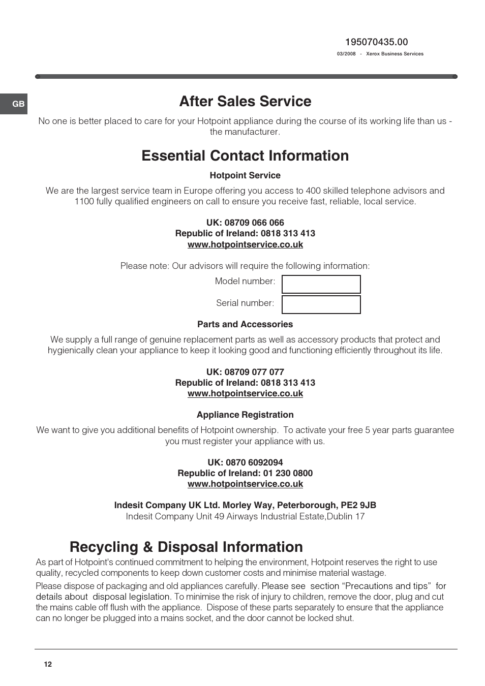 After sales service, Essential contact information, Recycling & disposal information | Hotpoint FFB6200AP User Manual | Page 12 / 12
