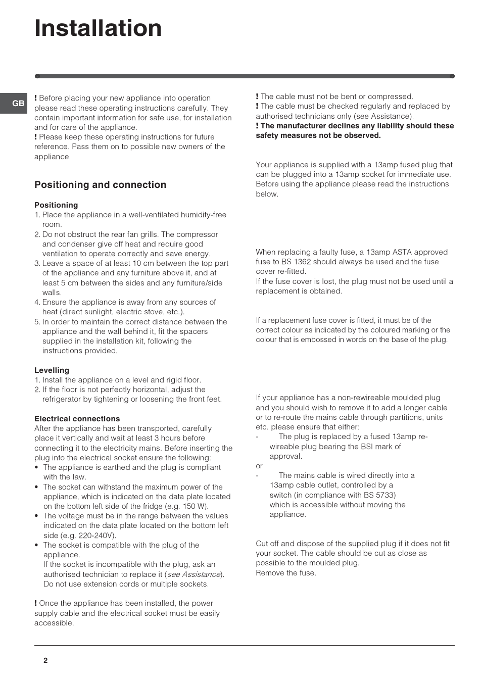 Installation, Positioning and connection | Hotpoint FFB6200AP User Manual | Page 2 / 12