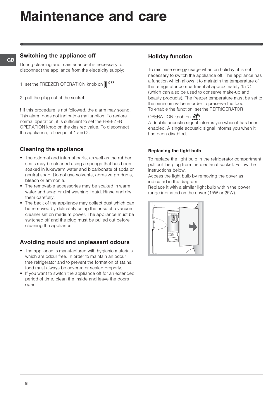 Maintenance and care | Hotpoint FFB6200AP User Manual | Page 8 / 12