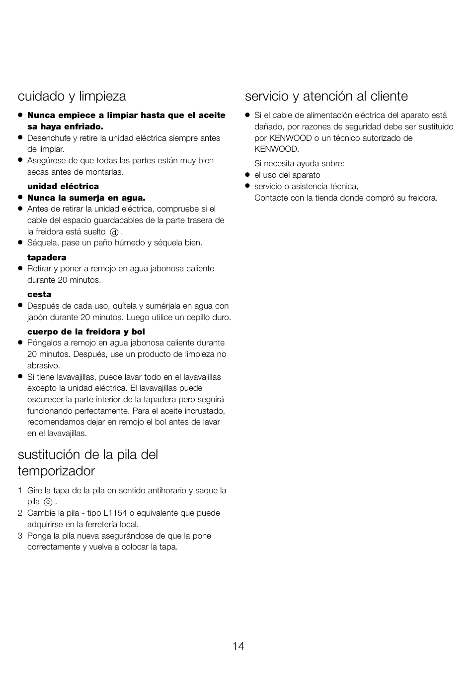 Cuidado y limpieza, Sustitución de la pila del temporizador, Servicio y atención al cliente | Kenwood DF530 User Manual | Page 17 / 52