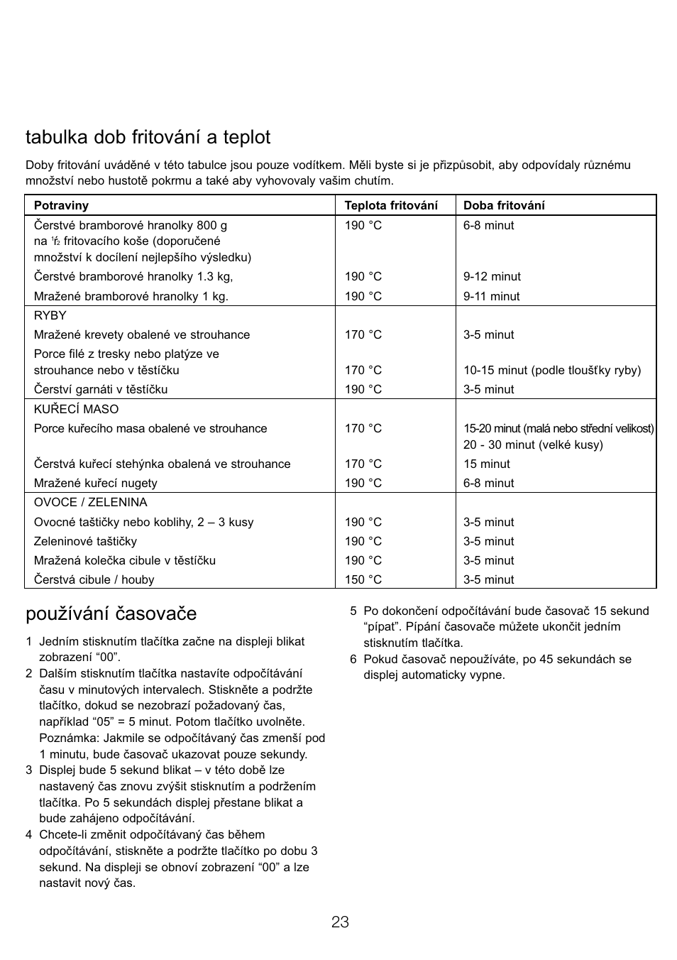 Tabulka dob fritování a teplot, Používání časovače | Kenwood DF530 User Manual | Page 26 / 52