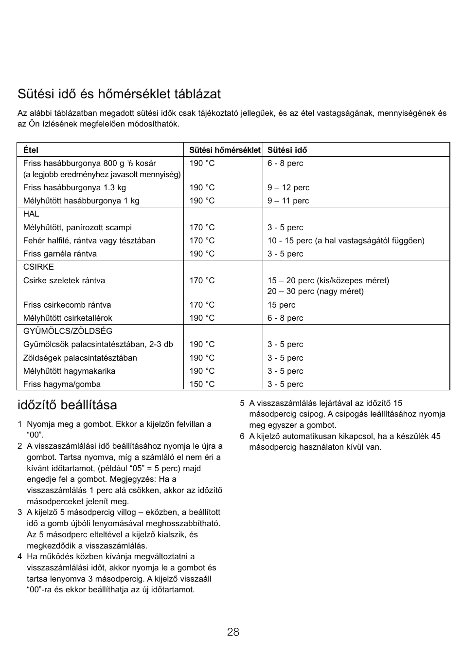 Sütési idő és hőmérséklet táblázat, Időzítő beállítása | Kenwood DF530 User Manual | Page 31 / 52