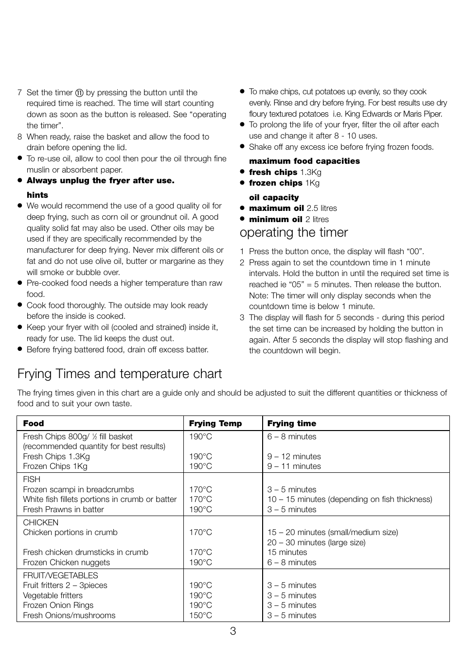 Operating the timer, Frying times and temperature chart | Kenwood DF530 User Manual | Page 6 / 52