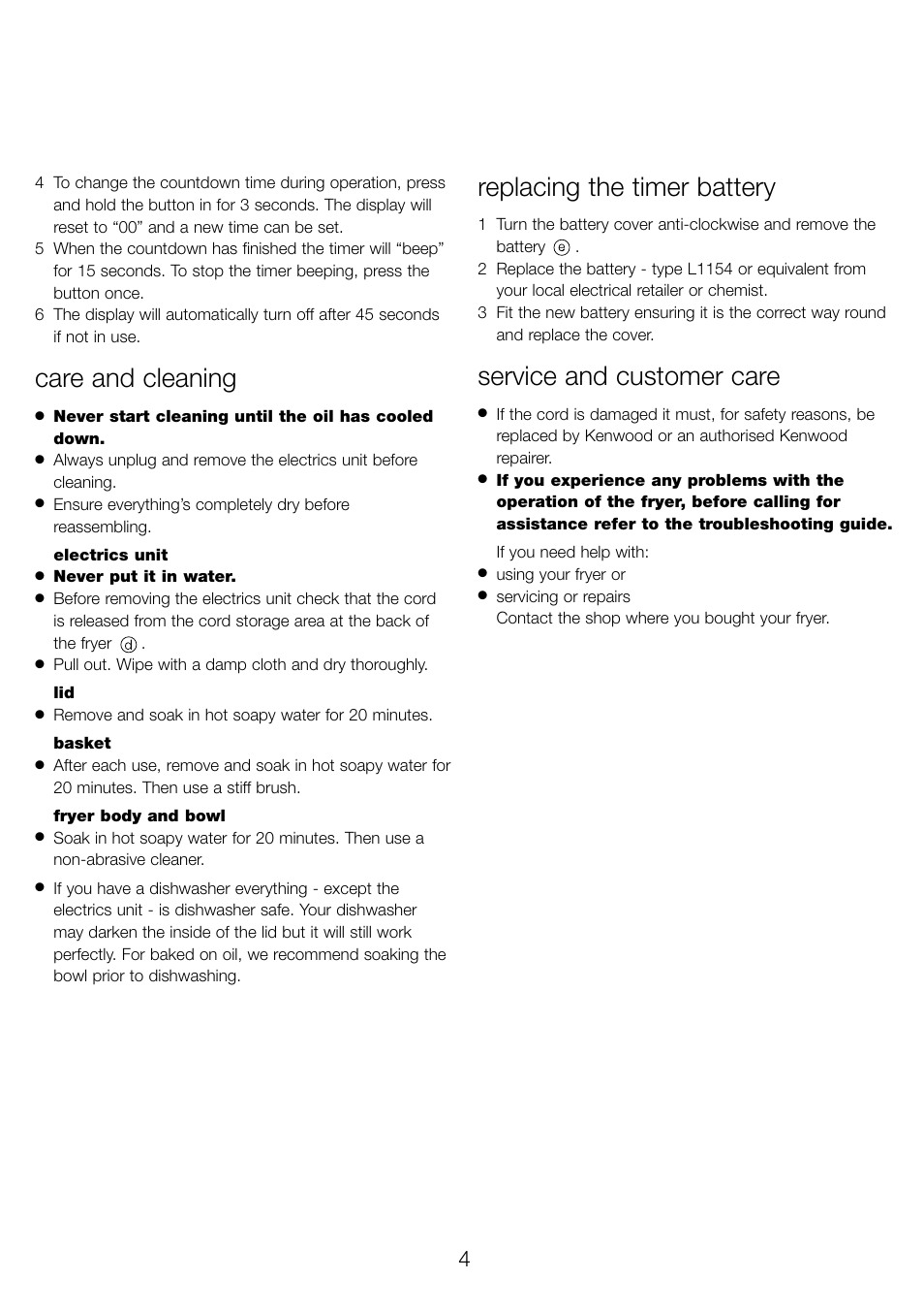 Care and cleaning, Replacing the timer battery, Service and customer care | Kenwood DF530 User Manual | Page 7 / 52
