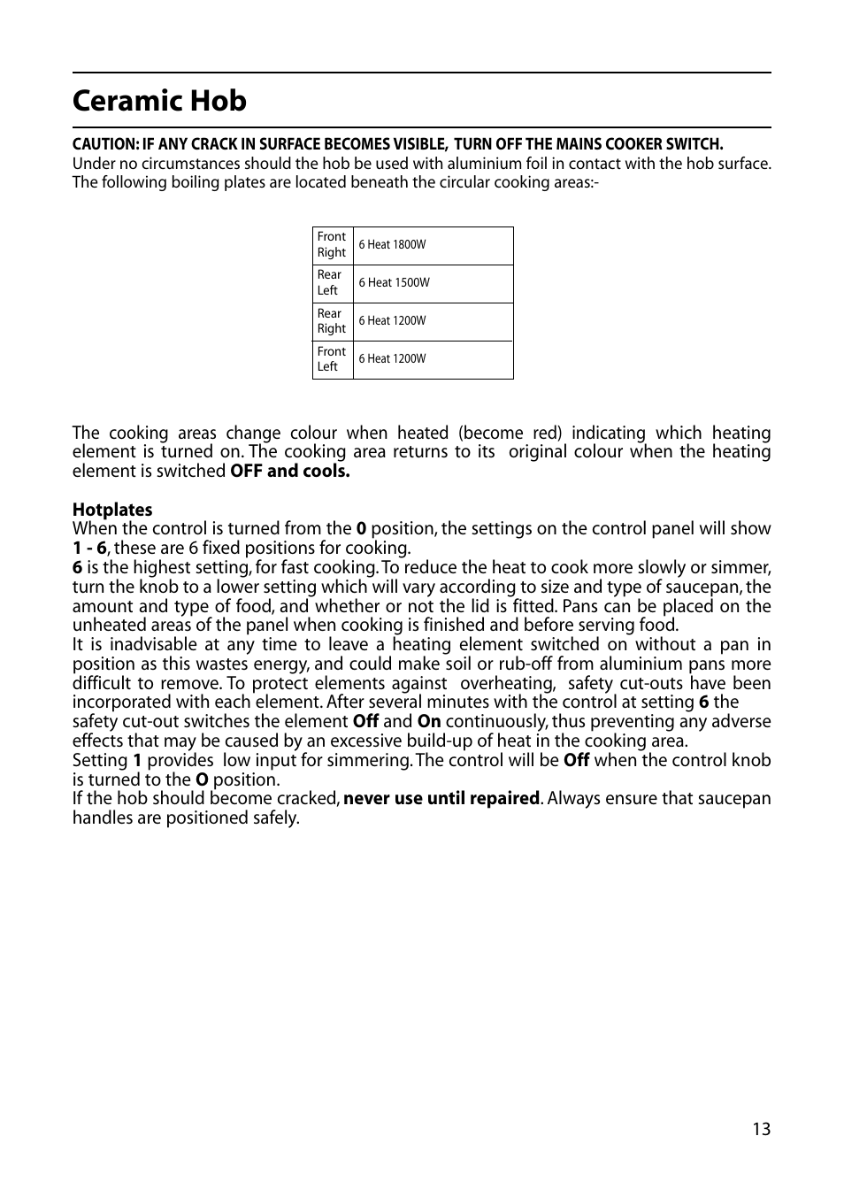 Ceramic hob | Hotpoint DOUBLE OVEN User Manual | Page 13 / 36