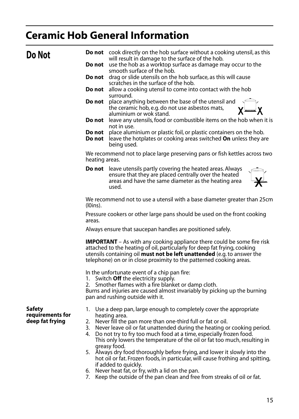 Do not ceramic hob general information | Hotpoint DOUBLE OVEN User Manual | Page 15 / 36