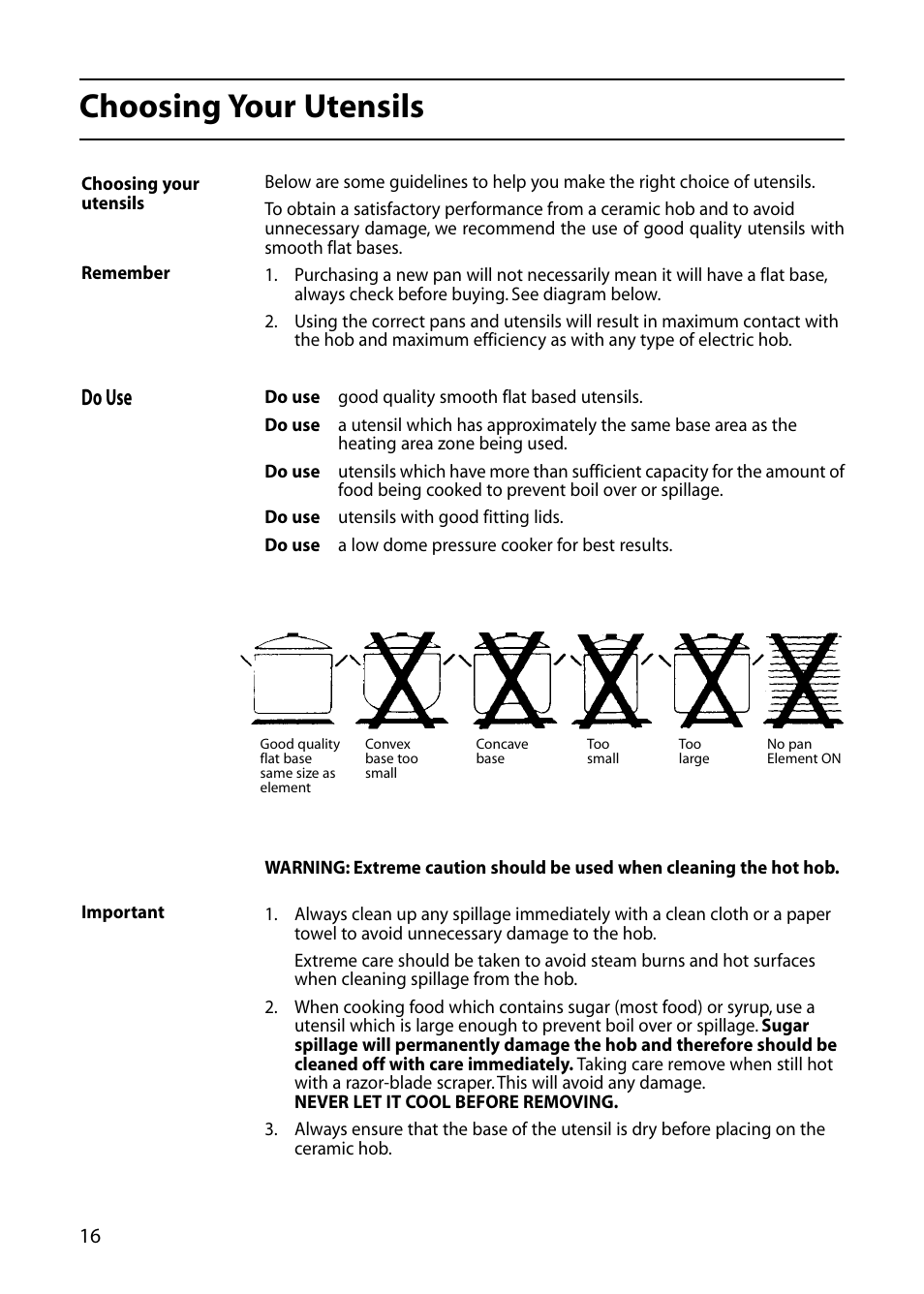 Choosing your utensils, Do use | Hotpoint DOUBLE OVEN User Manual | Page 16 / 36