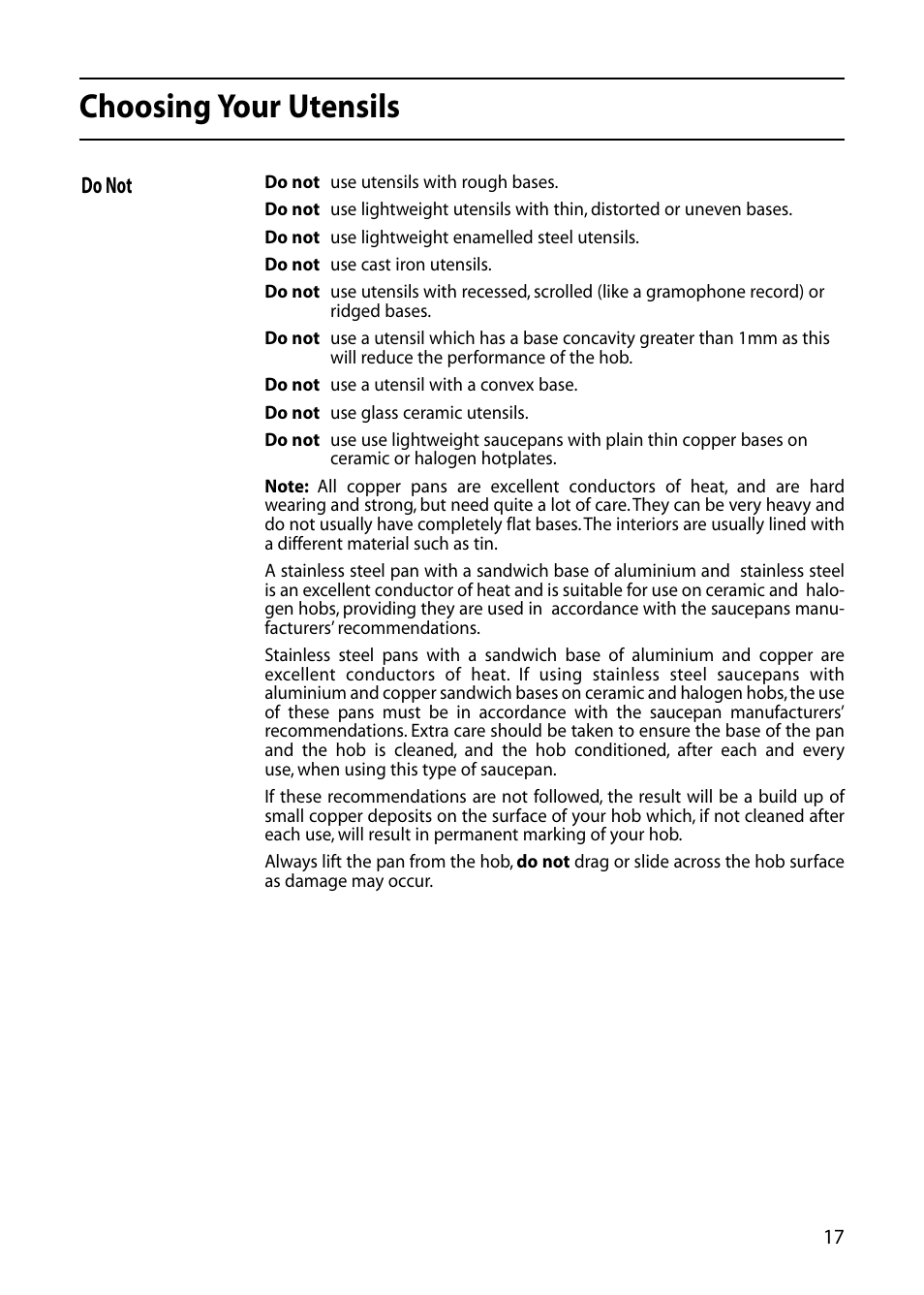 Choosing your utensils | Hotpoint DOUBLE OVEN User Manual | Page 17 / 36