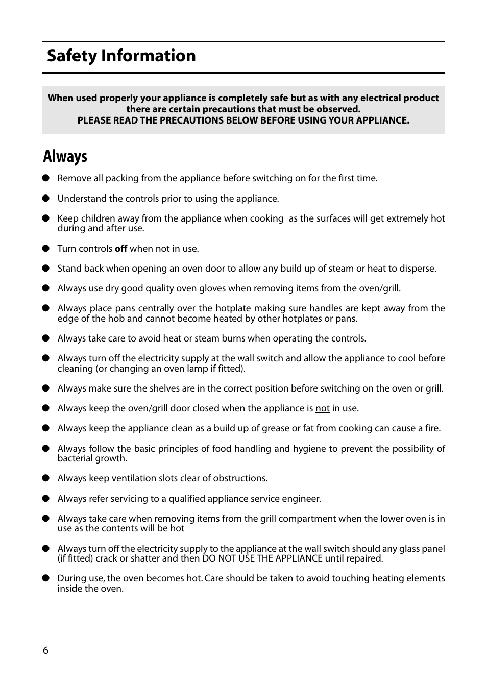 Safety information, Always | Hotpoint DOUBLE OVEN User Manual | Page 6 / 36