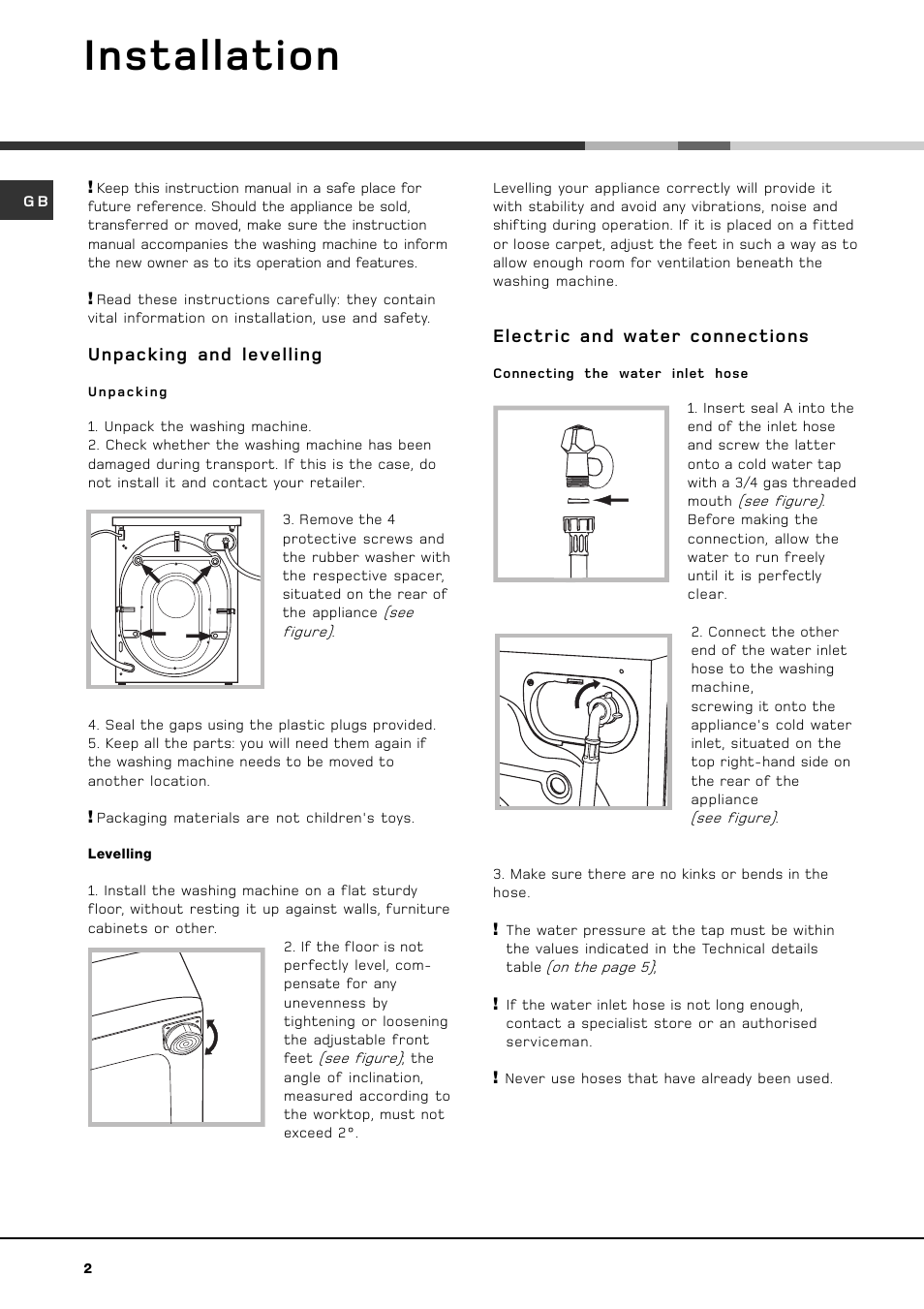 Installation, Unpacking and levelling, Electric and water connections | Hotpoint WF 566 P User Manual | Page 2 / 16