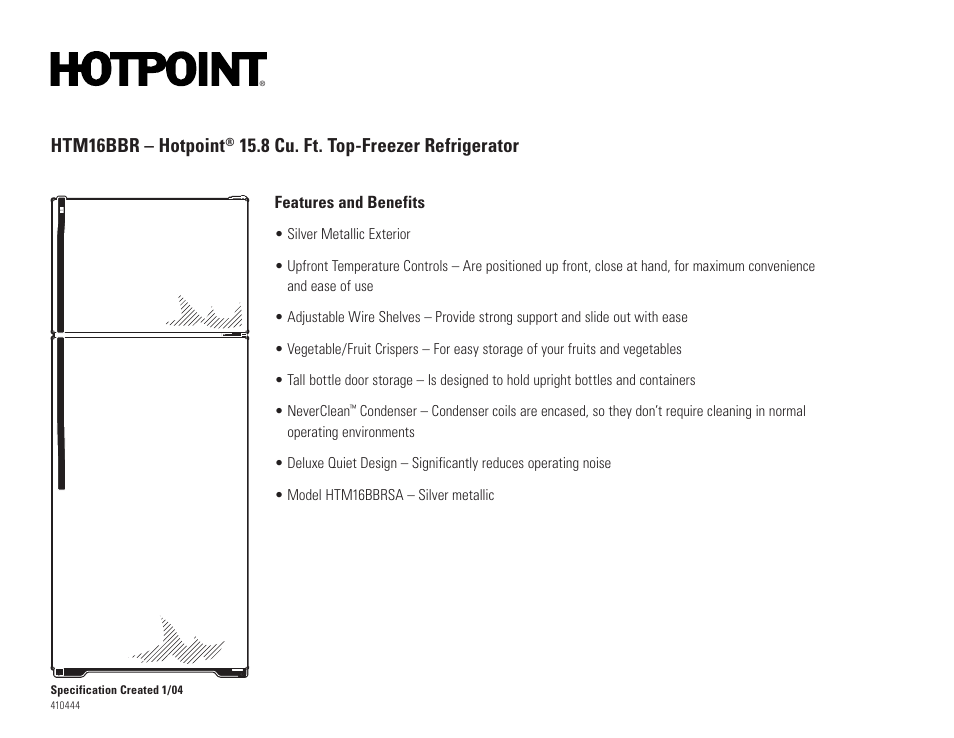 Htm16bbr – hotpoint, 8 cu. ft. top-freezer refrigerator, Htm16bbr | Hotpoint HTM16BBR User Manual | Page 2 / 2