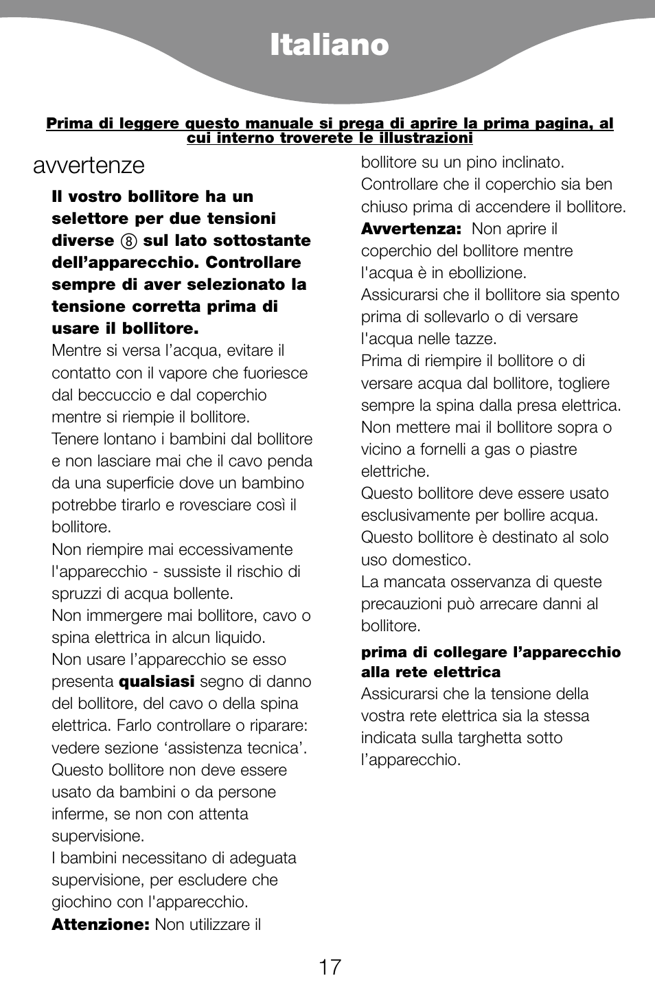 Italiano, Avvertenze | Kenwood JK60 User Manual | Page 20 / 72