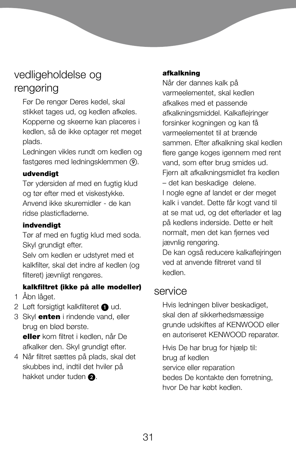 Vedligeholdelse og rengøring, Service | Kenwood JK60 User Manual | Page 34 / 72