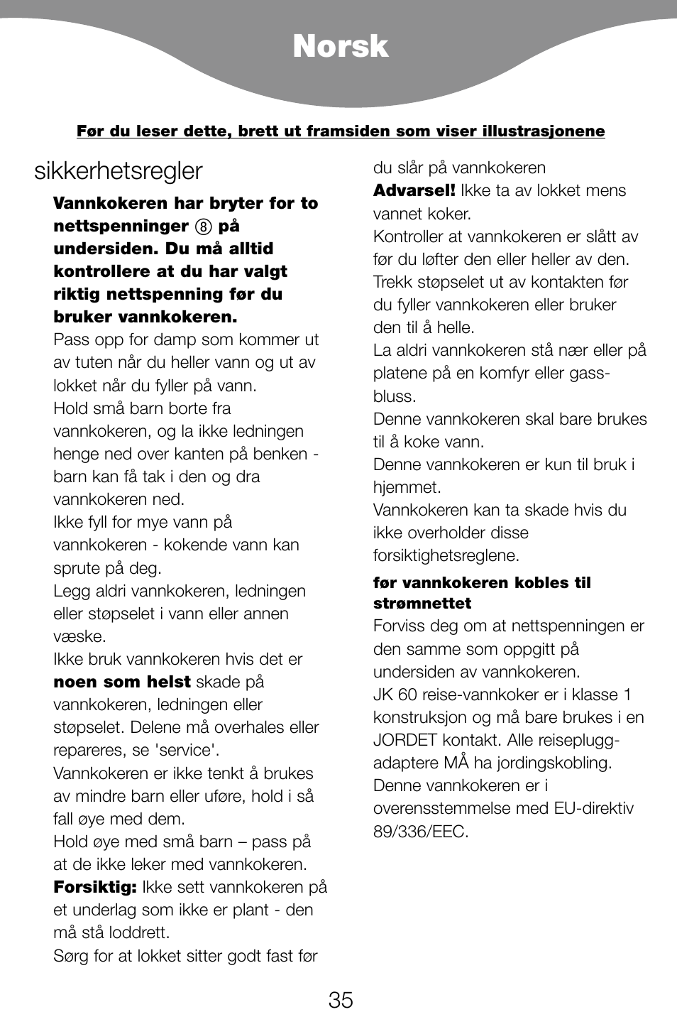 Norsk, Sikkerhetsregler | Kenwood JK60 User Manual | Page 38 / 72