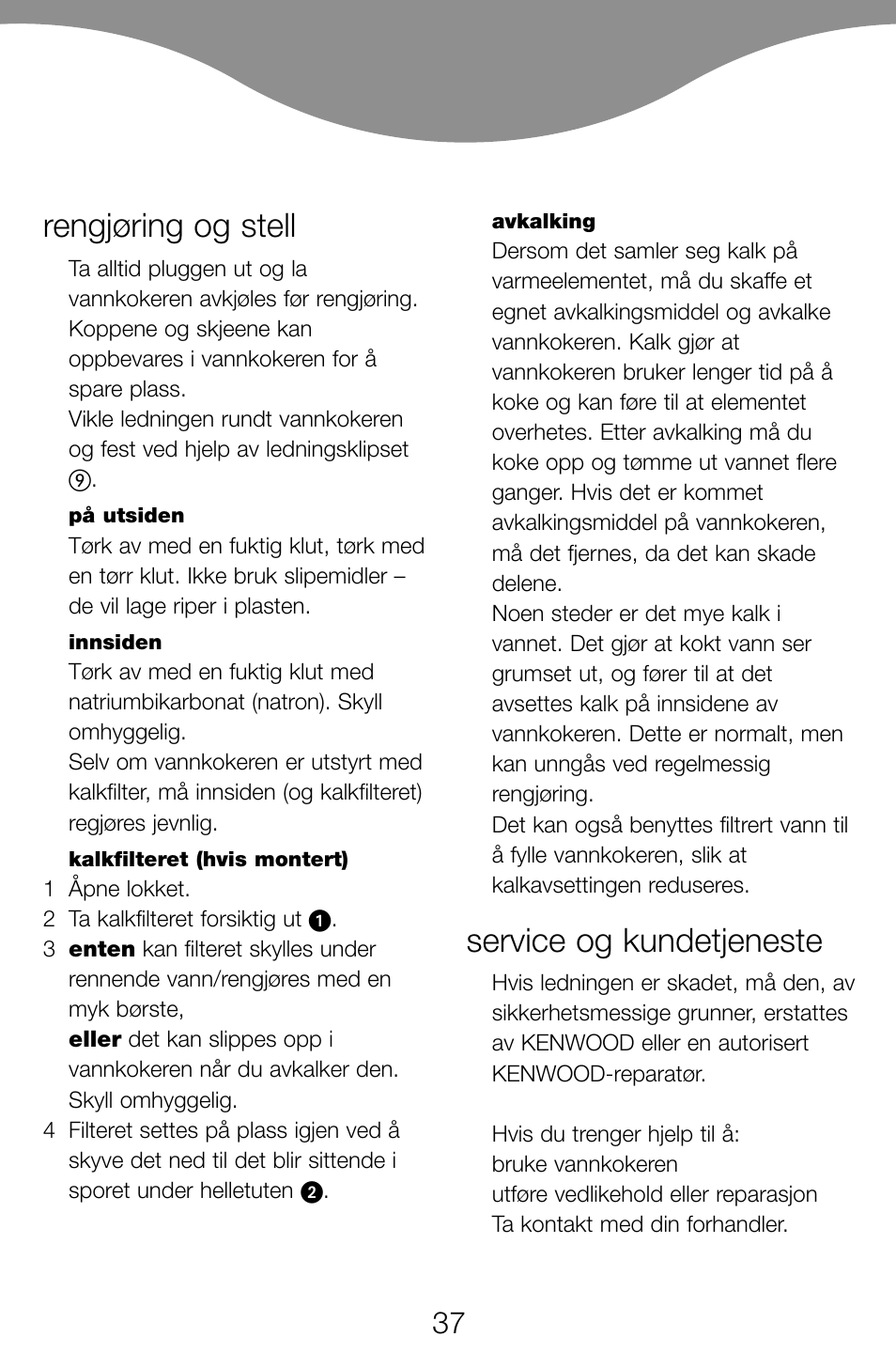 Rengjøring og stell, Service og kundetjeneste | Kenwood JK60 User Manual | Page 40 / 72