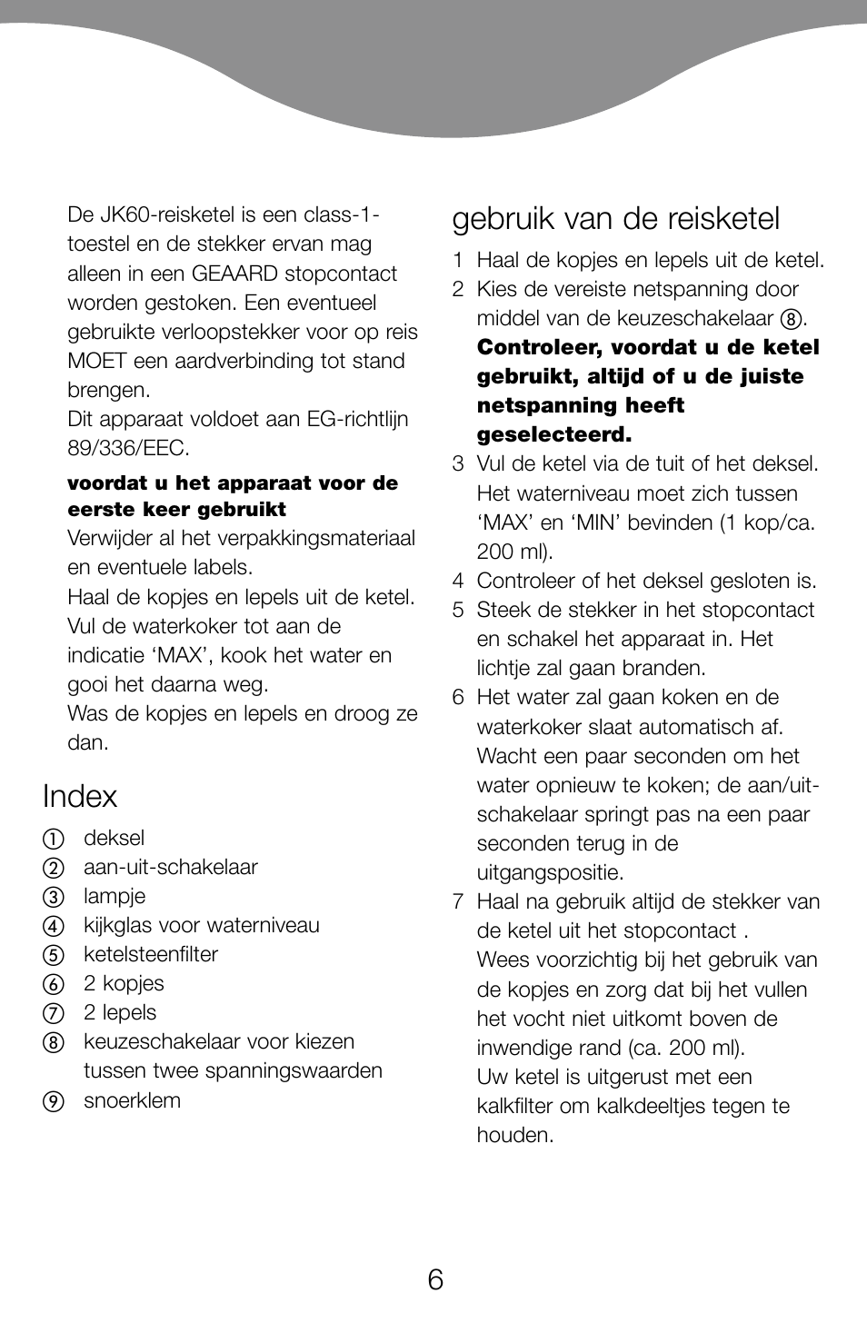 Index, Gebruik van de reisketel | Kenwood JK60 User Manual | Page 9 / 72