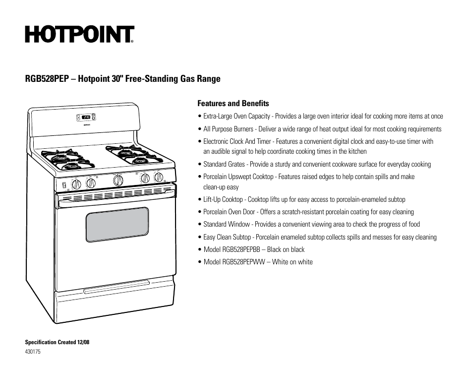 Features and benefits | Hotpoint RGB528PEPBB User Manual | Page 2 / 2