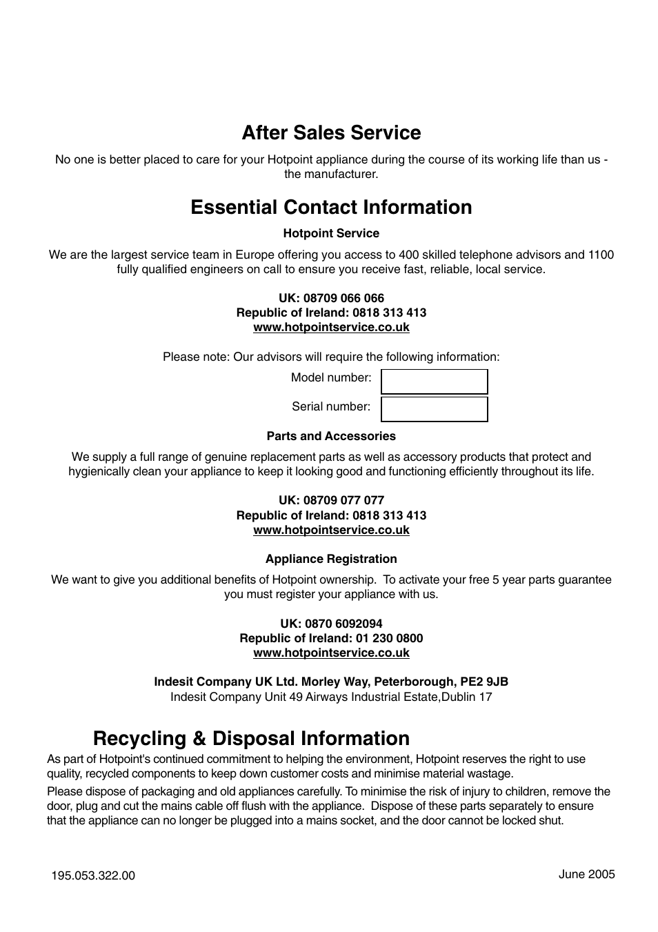 After sales service, Essential contact information, Recycling & disposal information | Hotpoint HDR190I User Manual | Page 12 / 12
