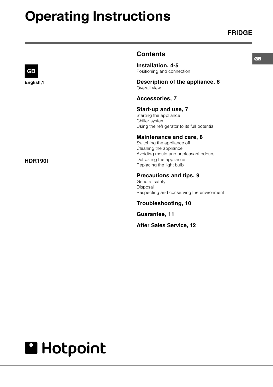 Operating instructions | Hotpoint HDR190I User Manual | Page 3 / 12