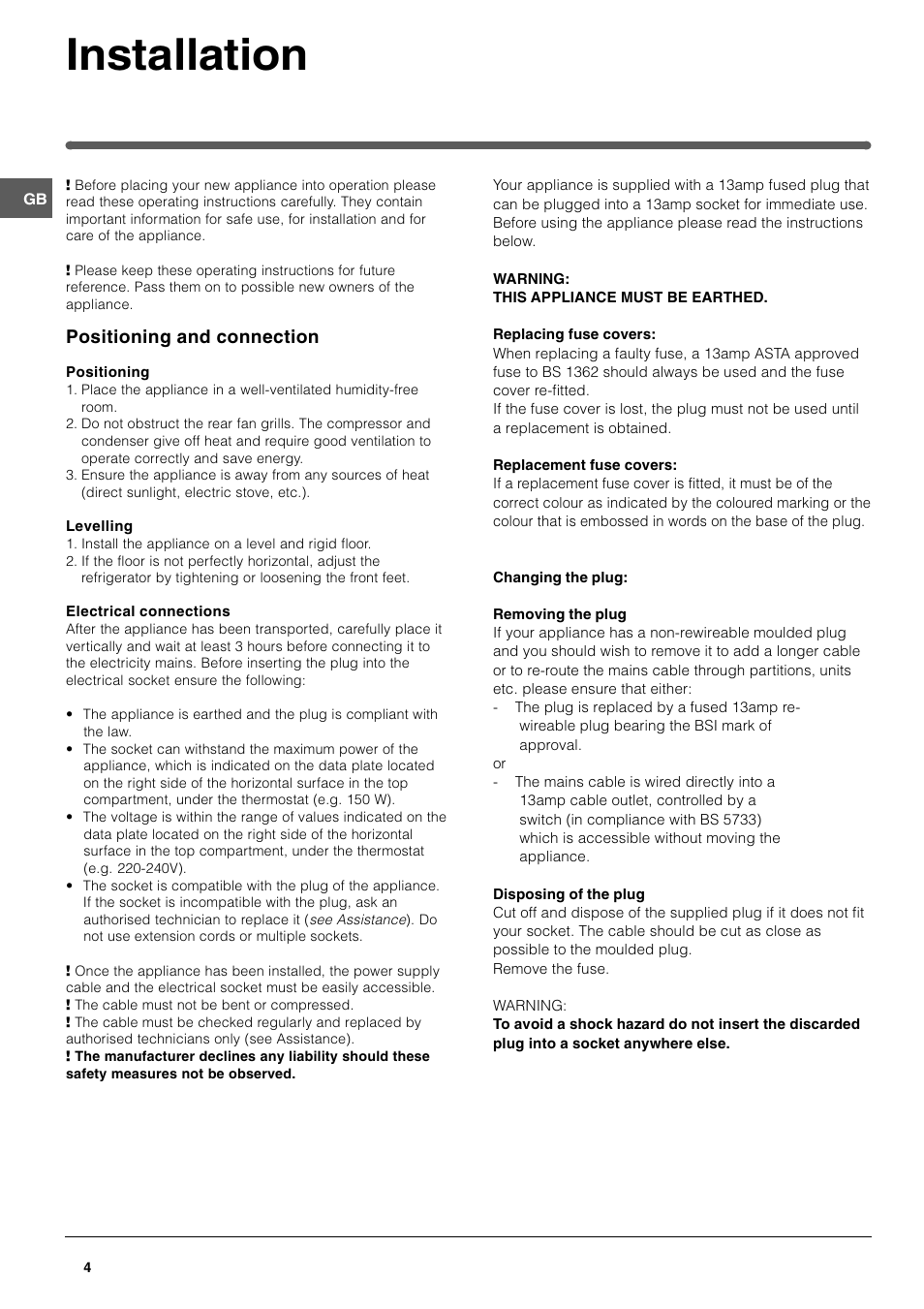 Installation, Positioning and connection | Hotpoint HDR190I User Manual | Page 4 / 12
