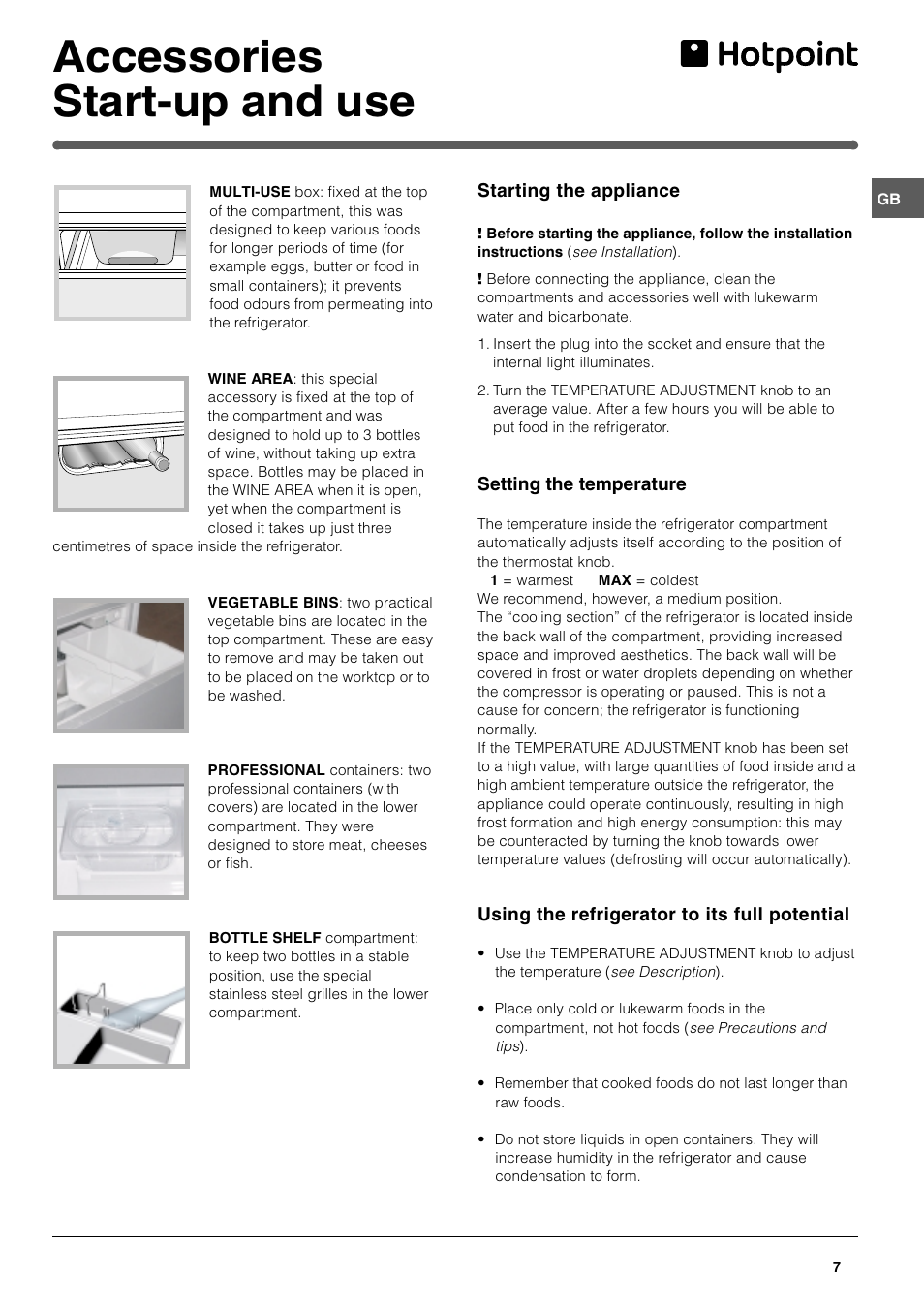 Accessories start-up and use | Hotpoint HDR190I User Manual | Page 7 / 12