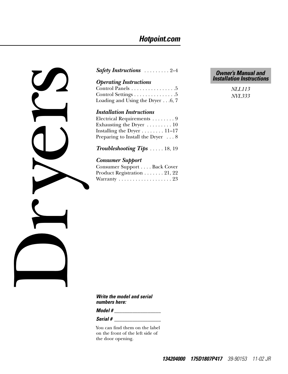 Hotpoint NLL113 User Manual | 24 pages