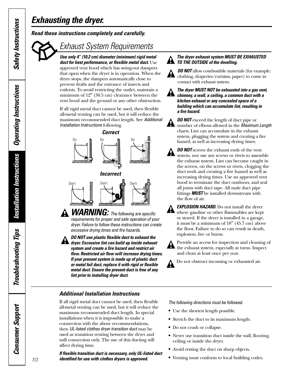 Exhausting the dryer, Warning, Exhaust system requirements exhausting the dryer | Hotpoint NLL113 User Manual | Page 10 / 24
