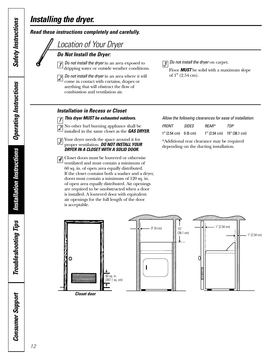 43 2 1 location of your dryer installing the dryer | Hotpoint NLL113 User Manual | Page 12 / 24