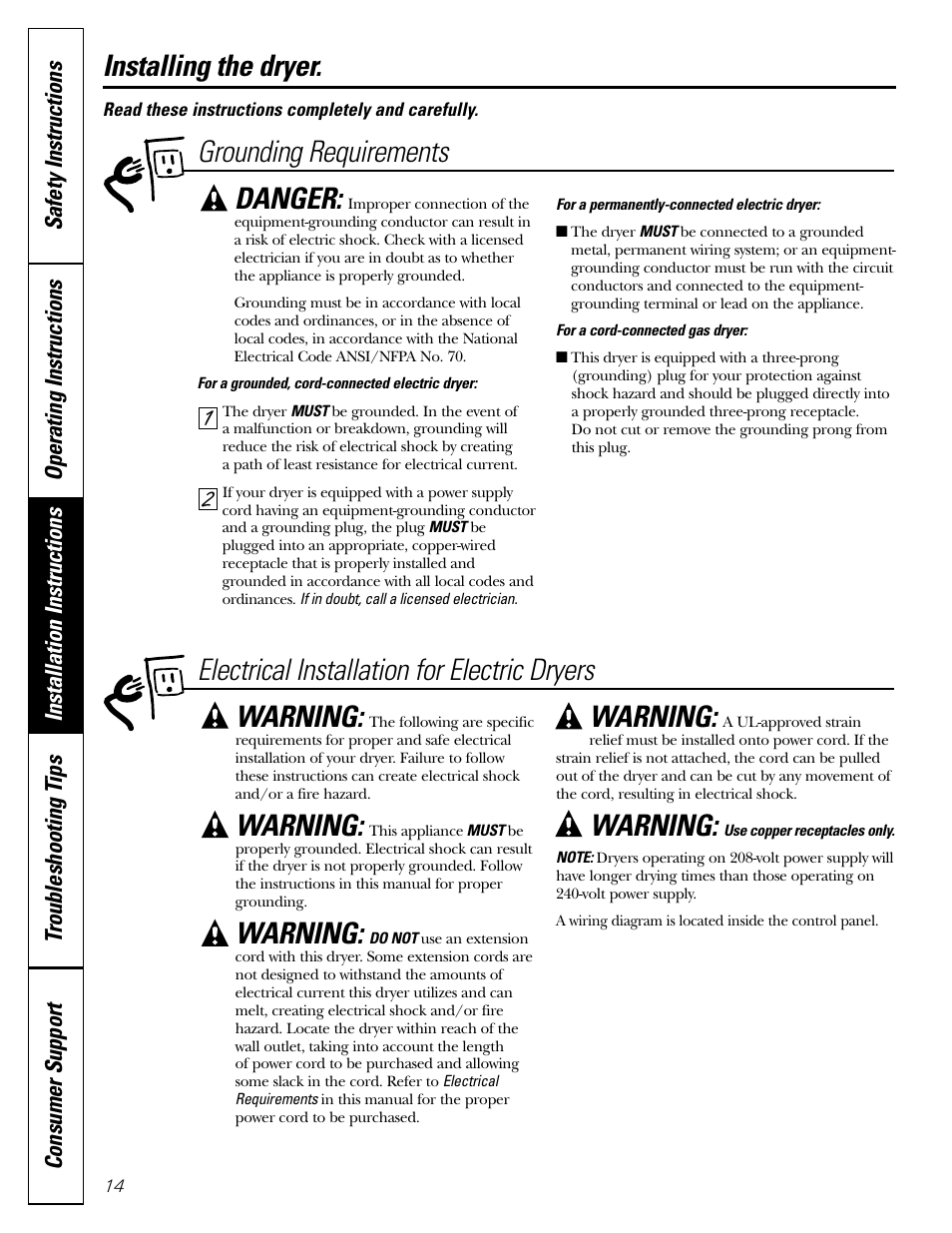 Danger, Grounding requirements installing the dryer, Warning | Electrical installation for electric dryers | Hotpoint NLL113 User Manual | Page 14 / 24