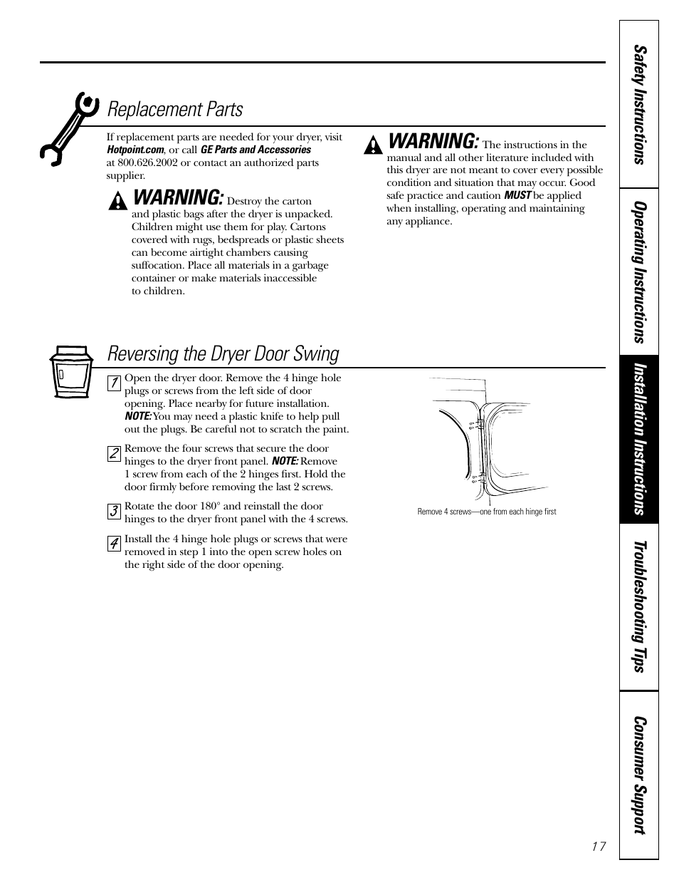 Reversing the dryer door swing, 43 2 1 replacement parts, Warning | Hotpoint NLL113 User Manual | Page 17 / 24