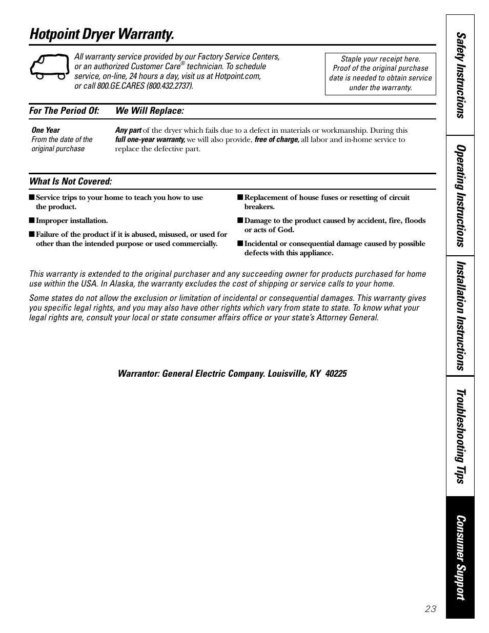 Warranty, Hotpoint dryer warranty | Hotpoint NLL113 User Manual | Page 23 / 24